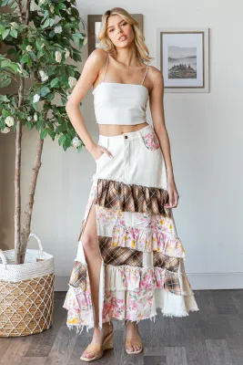 Washed Plaid Flower Patchwork Slit Maxi Skirt