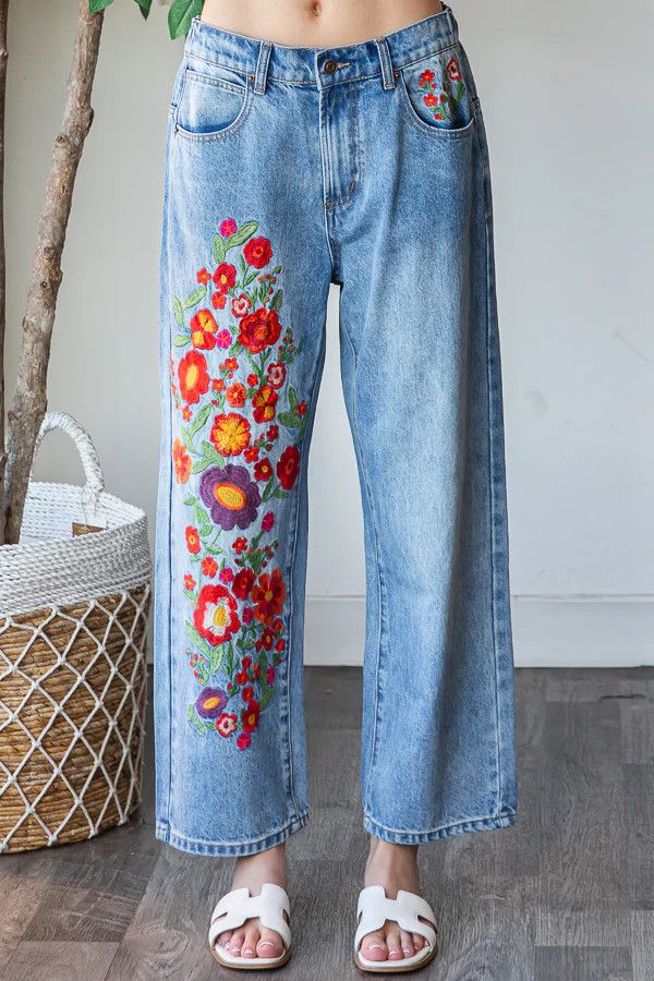 Washed Flower Embroidery Denim Jeans