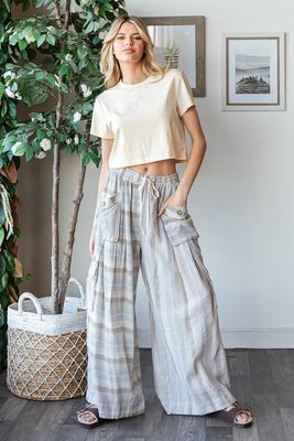 Washed 3D Pocket Narrow Stripe Wide Leg Pants