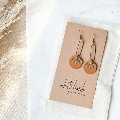 🇨🇦 Tan Brown Leather &amp; Brass Sunburst Geometric Earrings