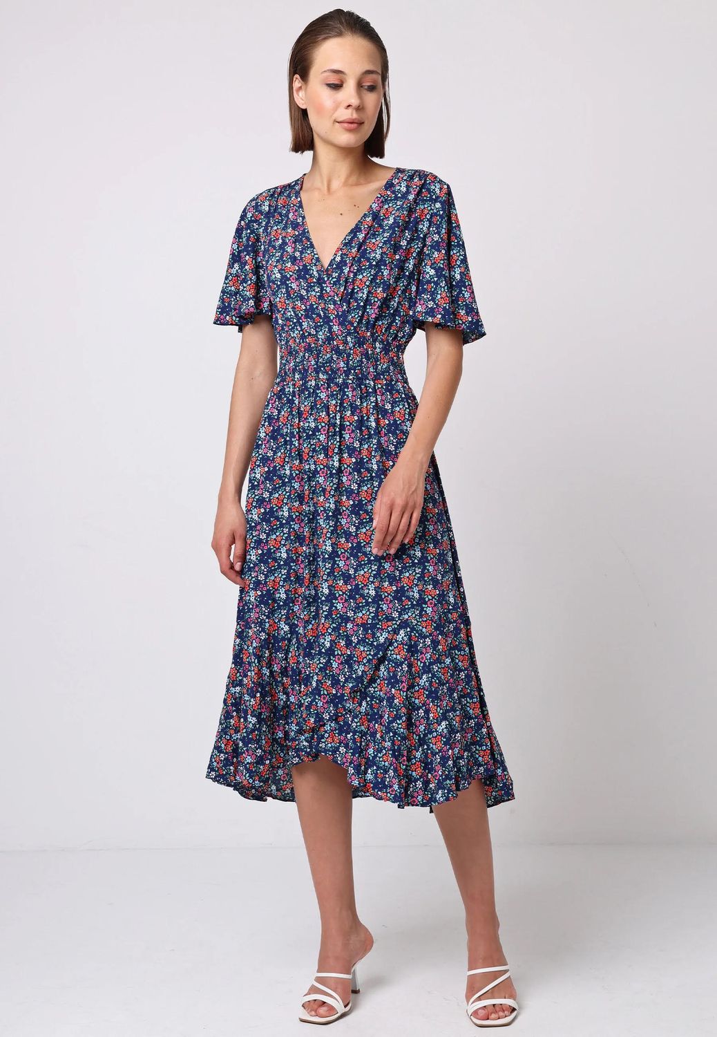 Shirred Waist Flutter Sleeve Midi Dress