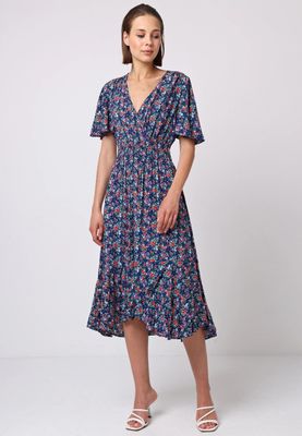 Shirred Waist Flutter Sleeve Midi Dress