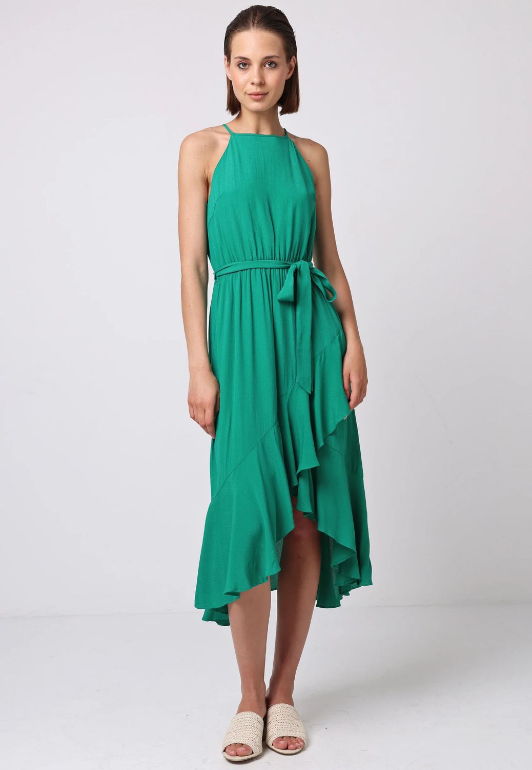 Halterneck Dress w/ Wrap Ruffle Skirt