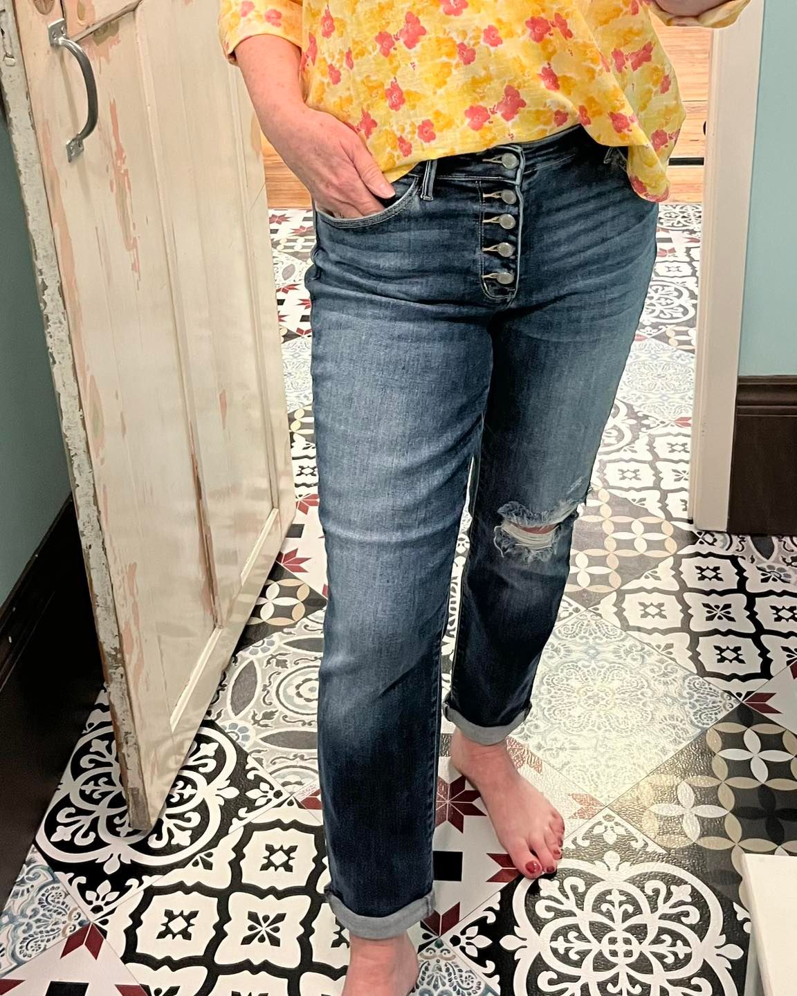 Button Fly Boyfriend Jeans - SALE -