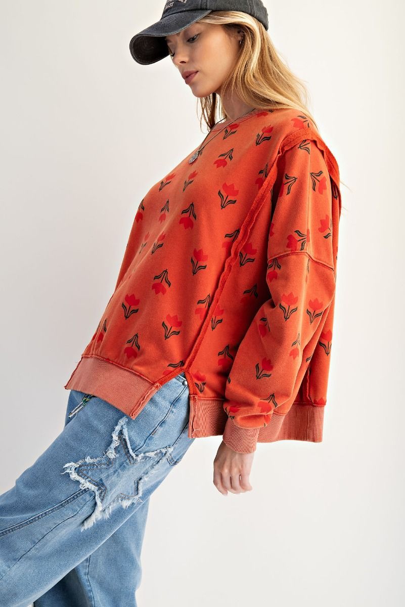 Flower Print Washed Terry Pullover