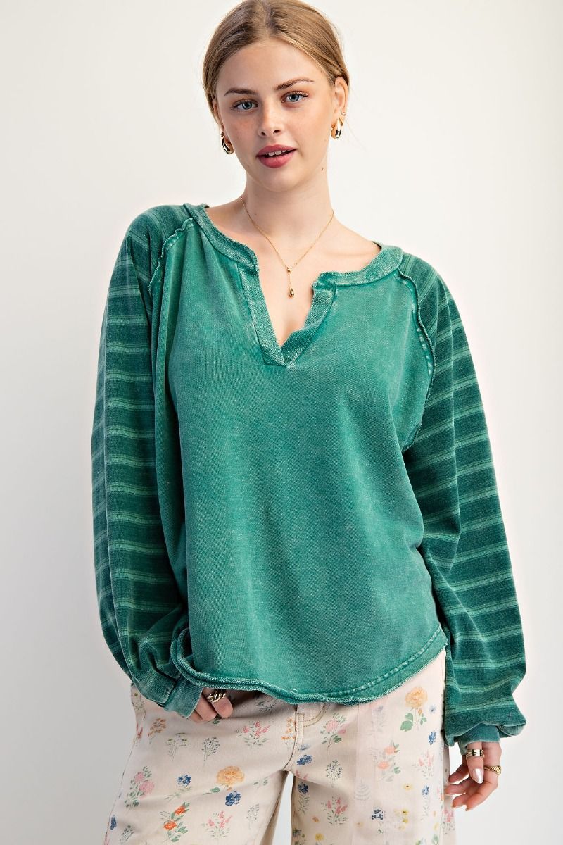 Striped Sleeve Terry Pullover