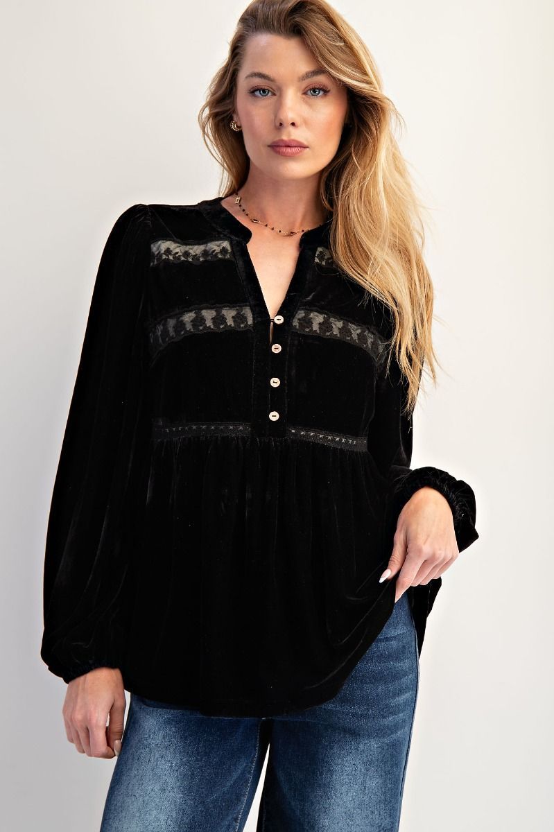 LS Lace Inset Velvet Blouse