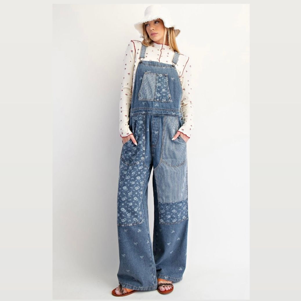 Mix Patch Detail Denim Overalls