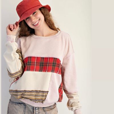 Plaid Mix Washed Terry Pullover