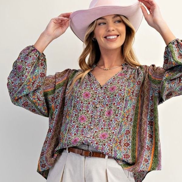 Printed Button Down V Neck Blouse