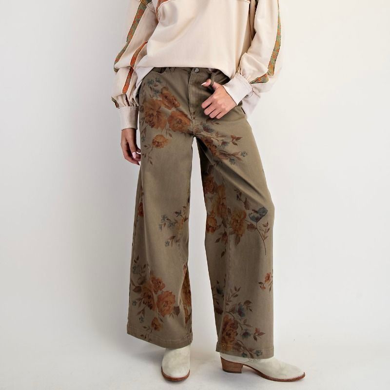 Flower Print Stretch Twill Pants