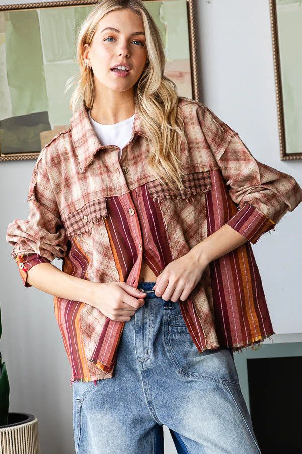 Plaid Stripe Mixed Button Down Shirt