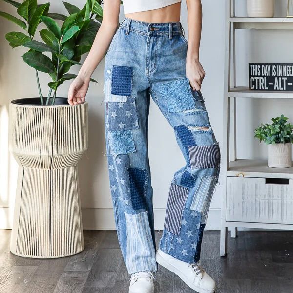 Washed Patchwork Detail Jeans