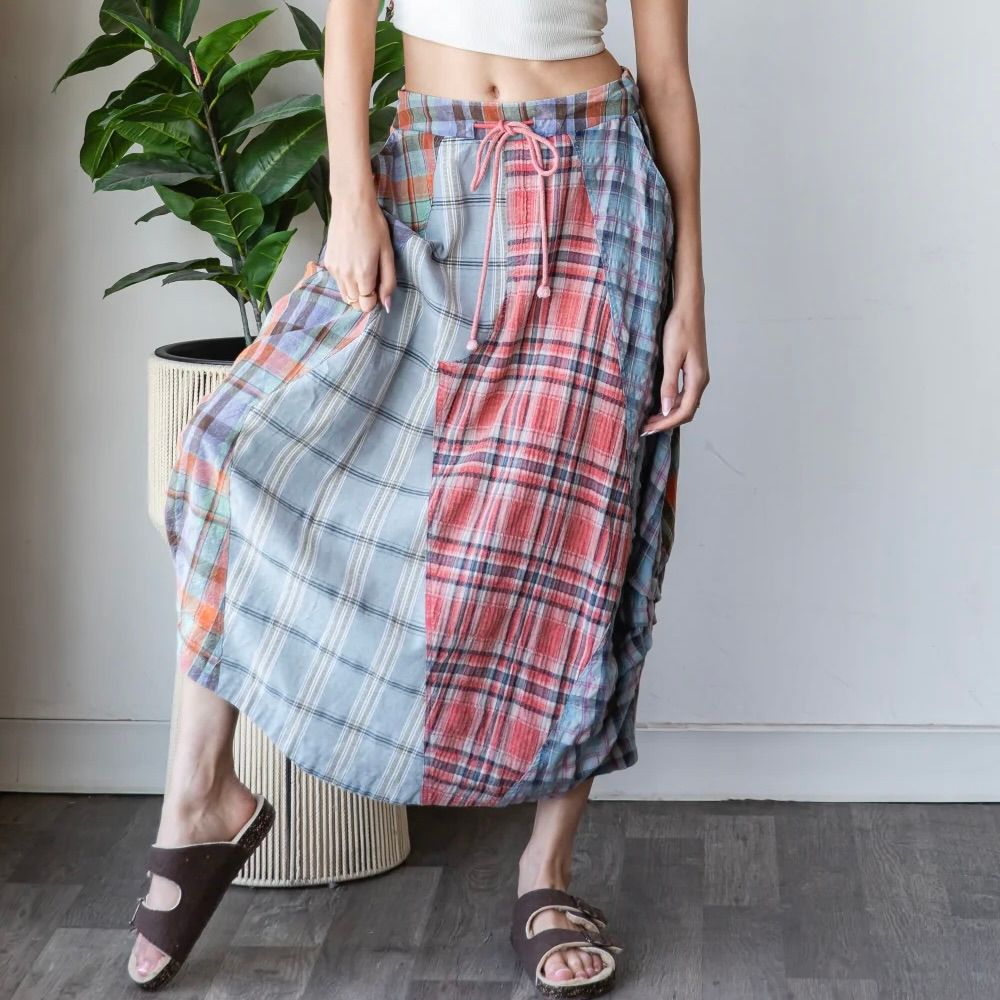 Washed Plaid Mix Midi Bubble Skirt