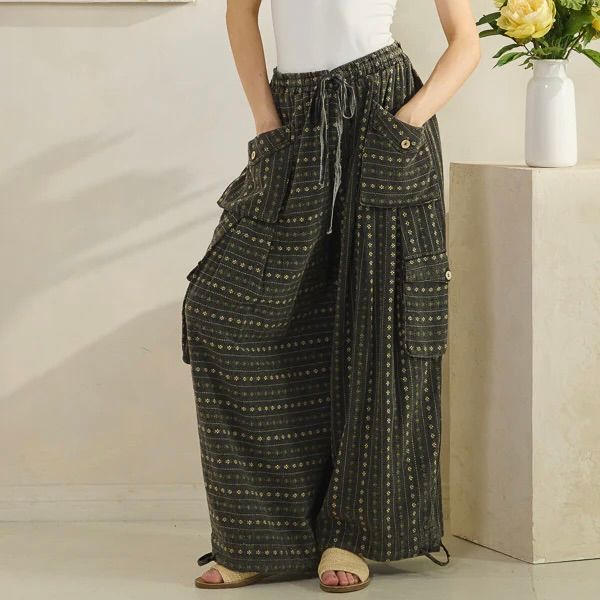 3D Pocket Flower Pattern Wide Leg Pant