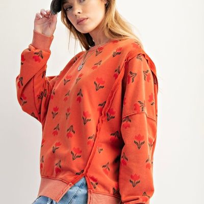 Flower Print Washed Terry Pullover