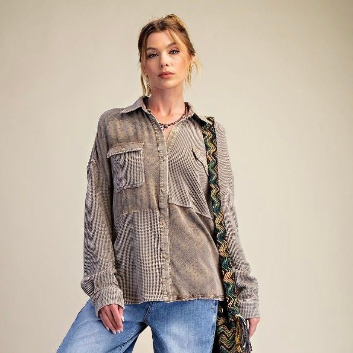 Button Down Washed Thermal Shirt Top