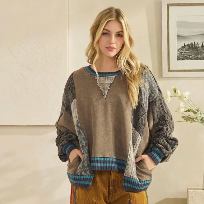 Washed Fabric Mix Sweater Top