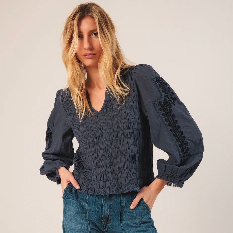 Smocked Embroidered Sleeve Blouse