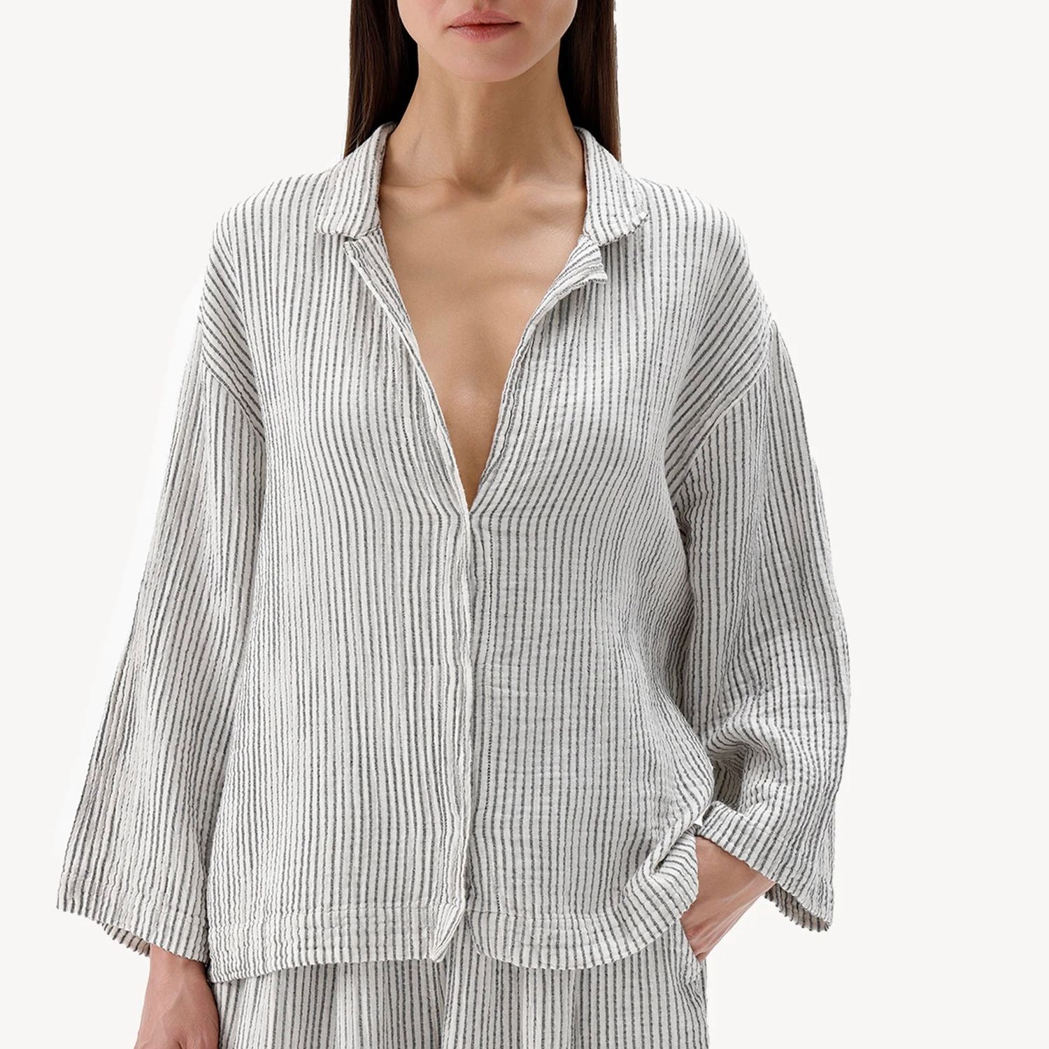🇨🇦 Striped Crinkle Cotton Shirt Blouse