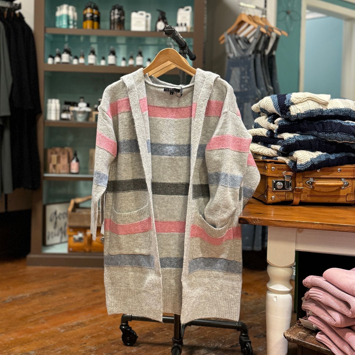 🇨🇦 Knit Stripe Hooded Cardi, Grey/ Multi