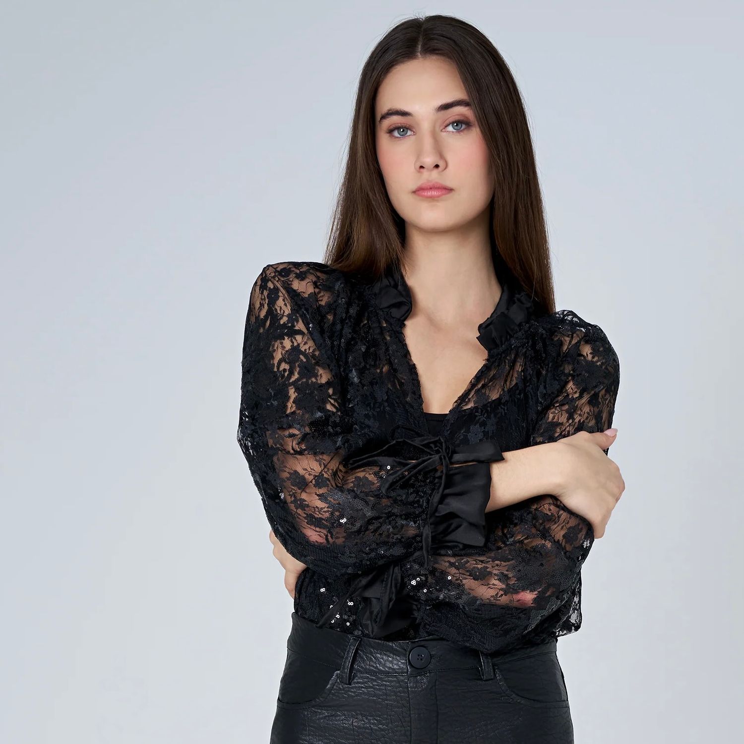 🇨🇦 Lace &amp; Sequin Ruffled Neck Top