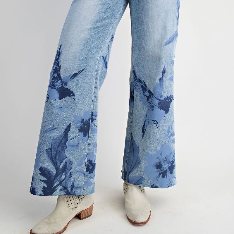 Floral Bird Print Stretch Denim Pant