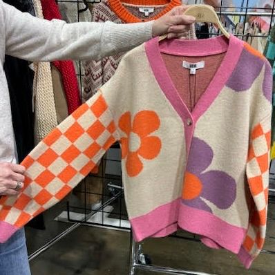 V-Neck Btn Fnt Flower Cardigan