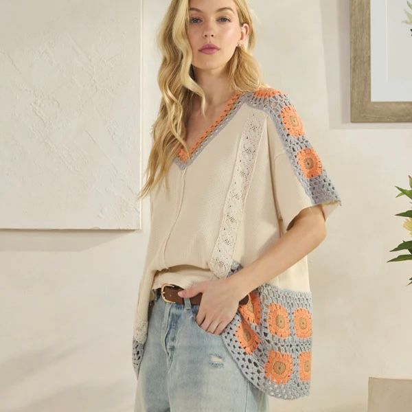 V Neck Crochet Contrast Top