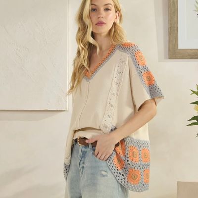 V Neck Crochet Contrast Top