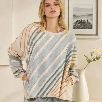 Washed Striped Raw Edge Pullover