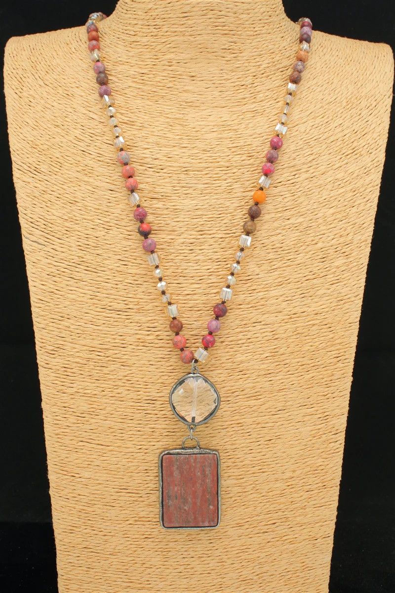 Rectangular Stone &amp; Glass Bead Pendant Necklace