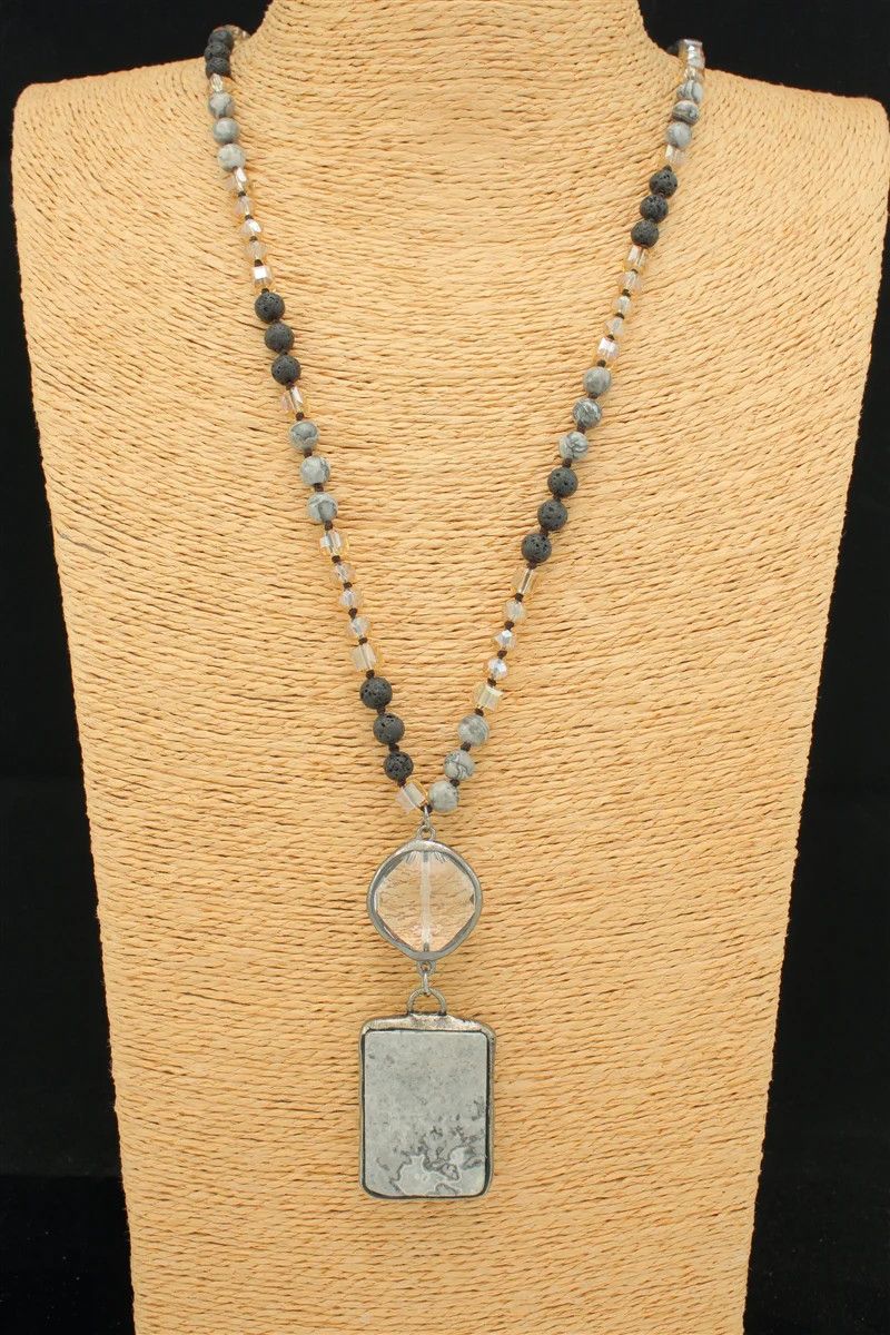 Rectangular Grey Stone &amp; Glass Bead Pendant Necklace
