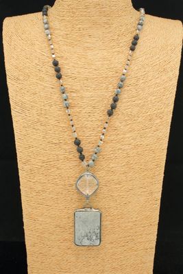 Rectangular Grey Stone &amp; Glass Bead Pendant Necklace