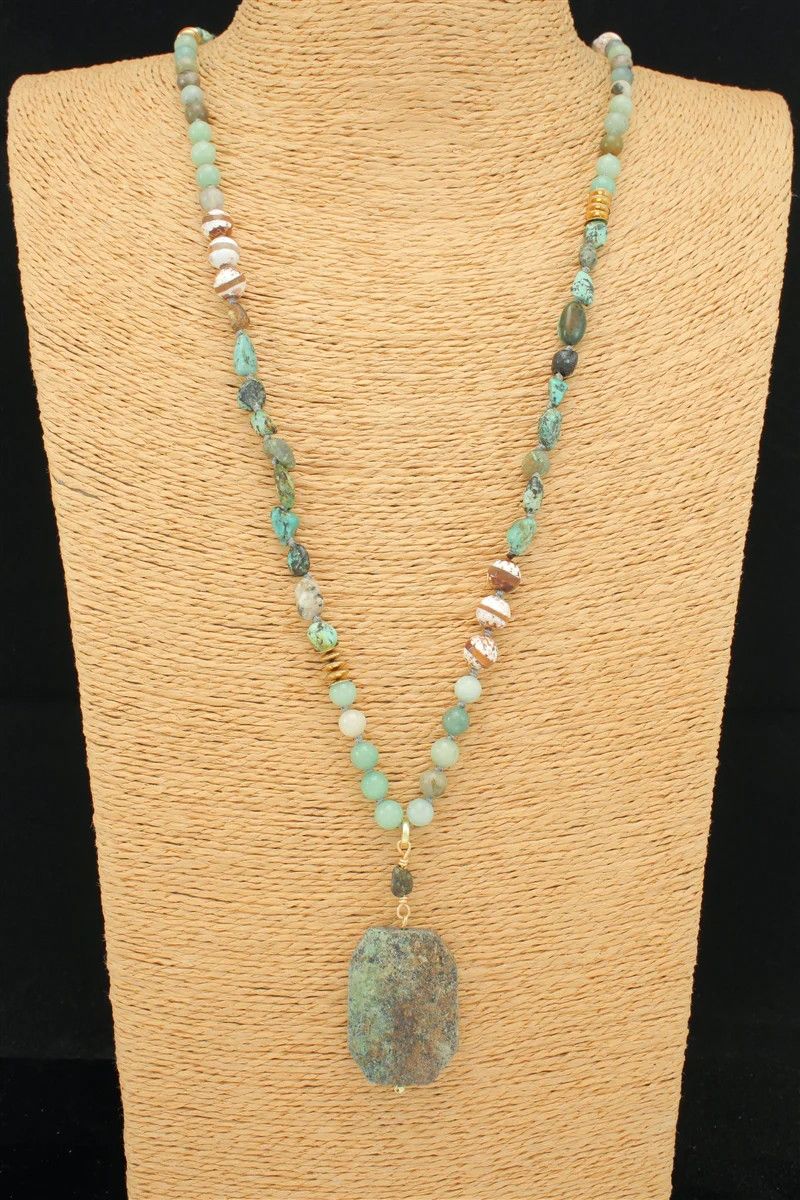 Rectangular Bead &amp; Jasper Pendant Necklace