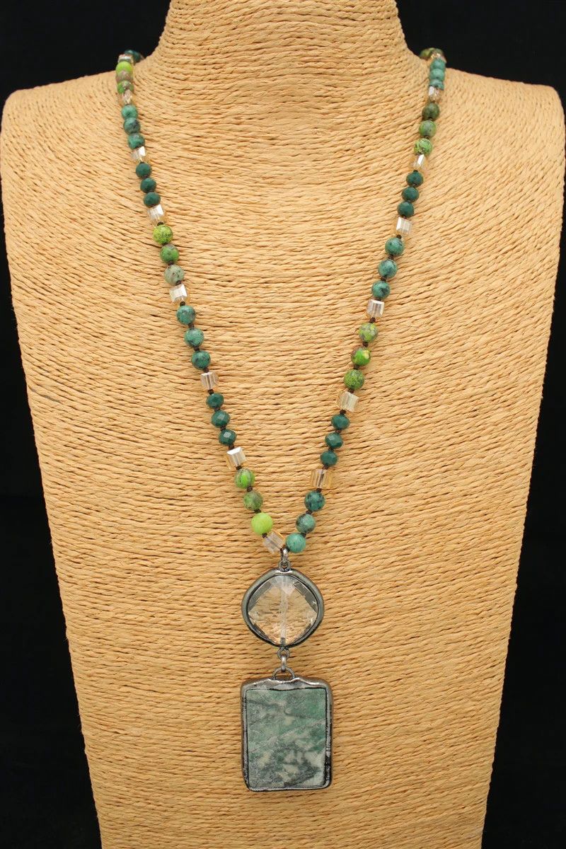 Rectangular Green Stone &amp; Glass Bead Pendant Necklace