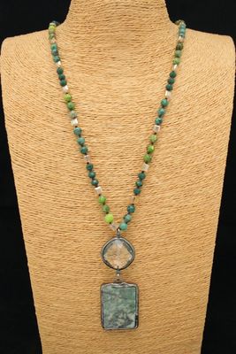 Rectangular Green Stone &amp; Glass Bead Pendant Necklace