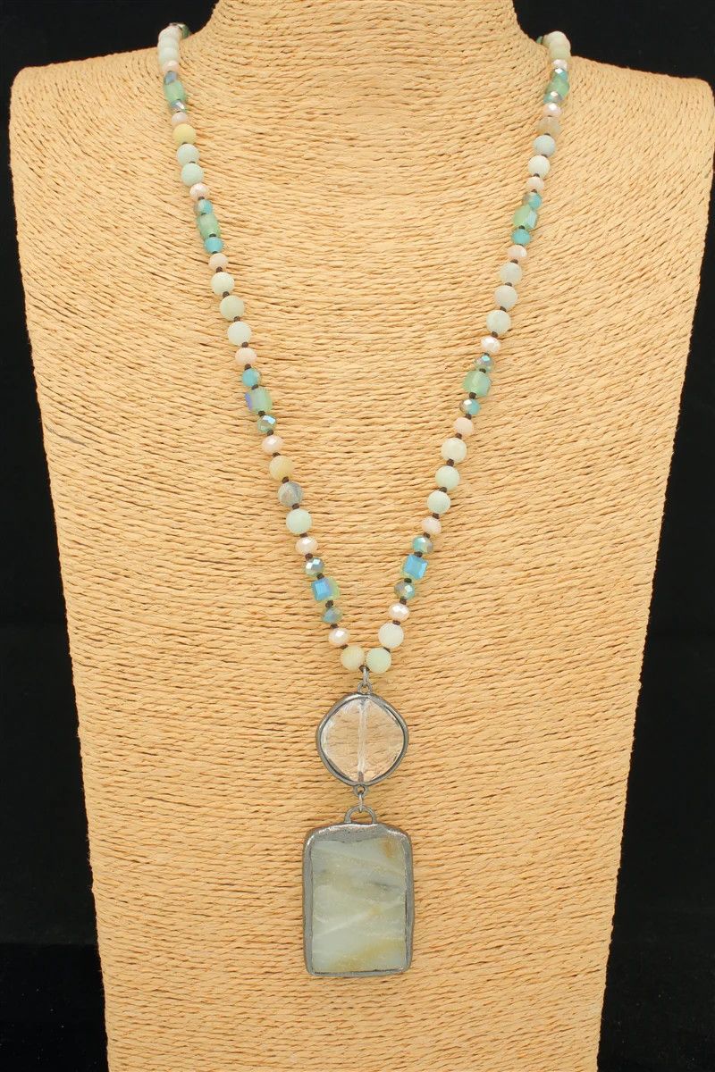 Rectangular Lt Green Stone &amp; Glass Bead Pendant Necklace