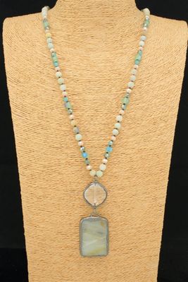 Rectangular Lt Green Stone &amp; Glass Bead Pendant Necklace