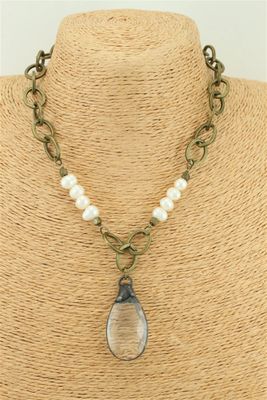 Lg Link &amp; Pearl w/ Crystal Pendant Necklace