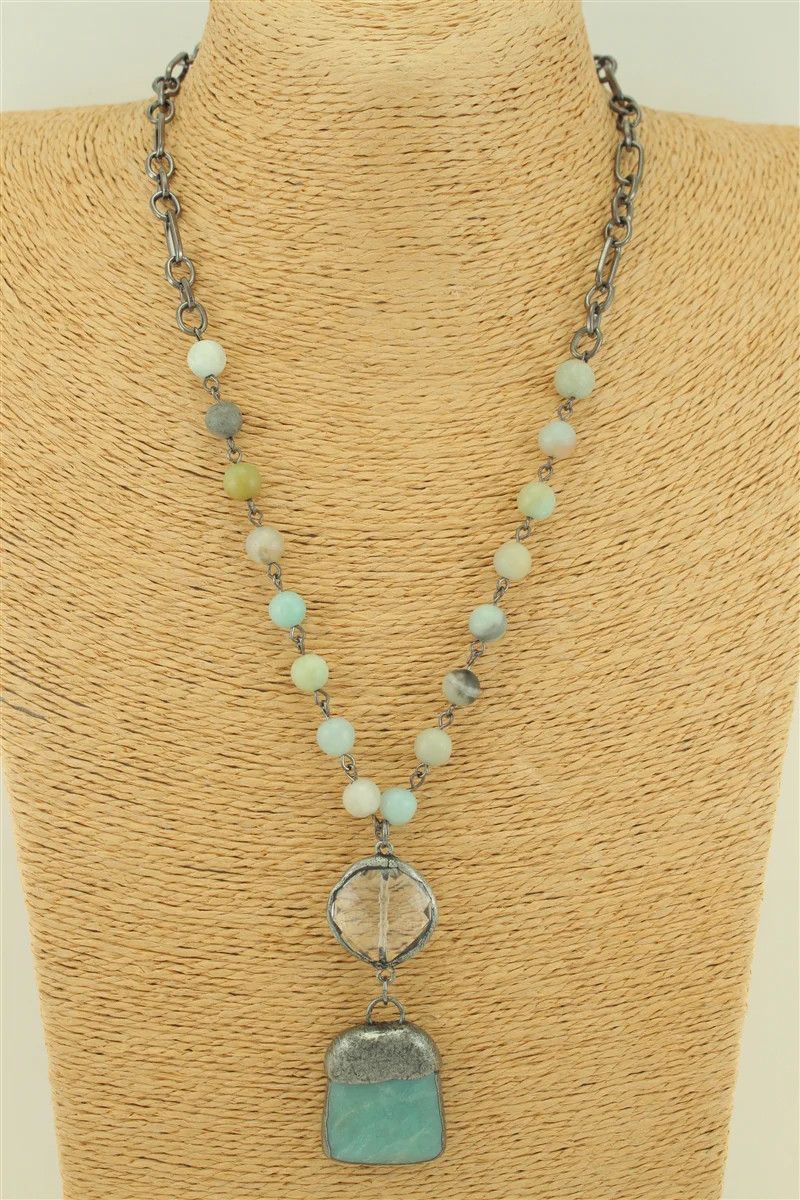Capped Stone &amp; Crystal Bead Necklace