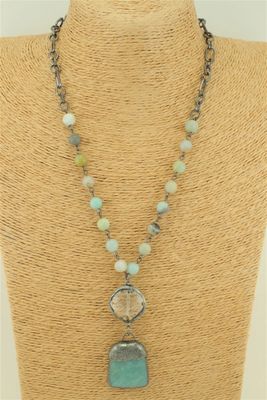 Capped Stone &amp; Crystal Bead Necklace