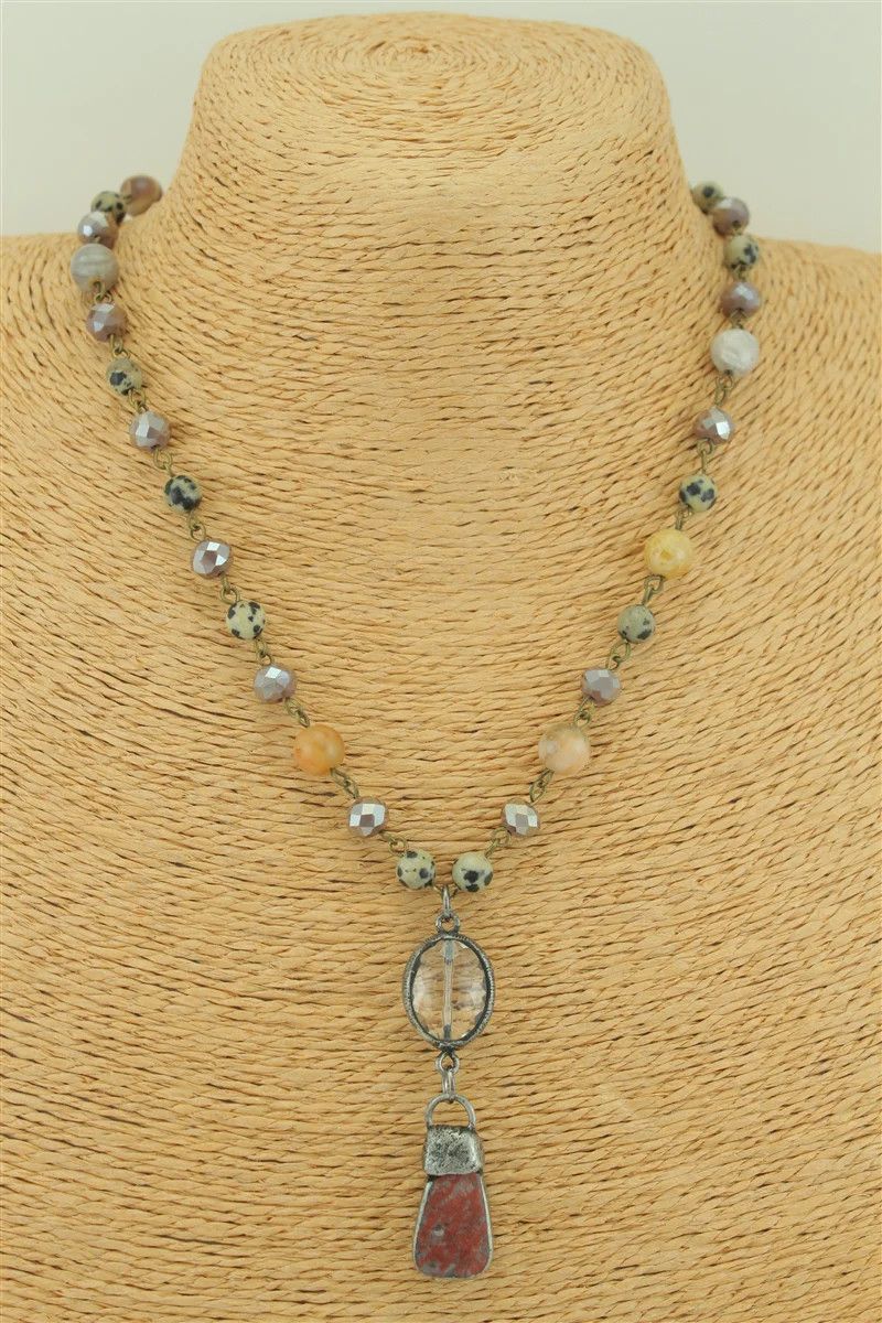 Capped Sm Red Stone &amp; Crystal Beaded Necklace