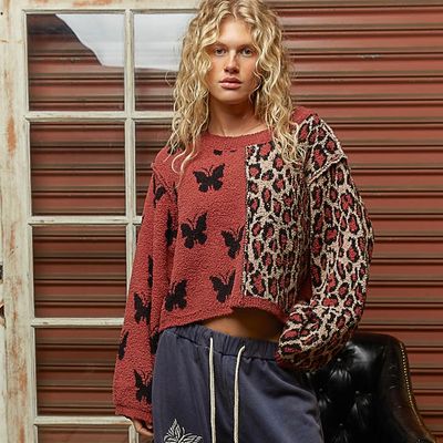 Knit Butterfly &amp; Leopard Print Sweater