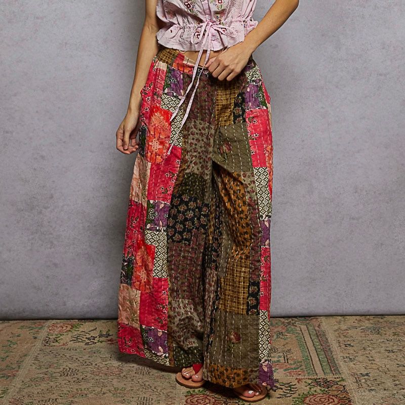Hand Stitched Faux Patchwork Print Pant