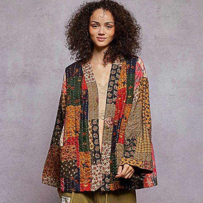 Hand Stitched Faux Patchwork Print Kimono