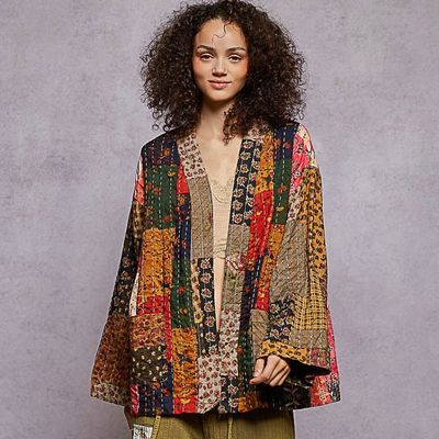 Hand Stitched Faux Patchwork Print Kimono