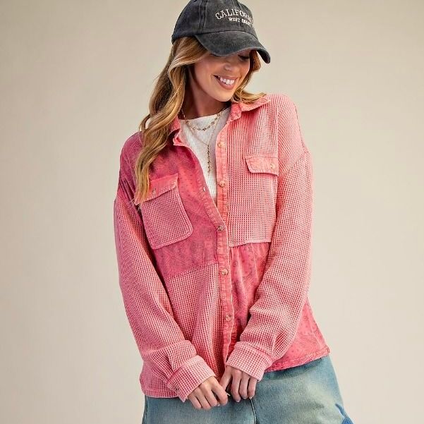 Button Down Washed Thermal Shirt Top
