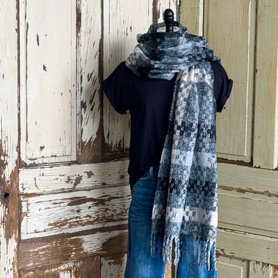 Autumn Plaid Fringe Scarf, Black Gray