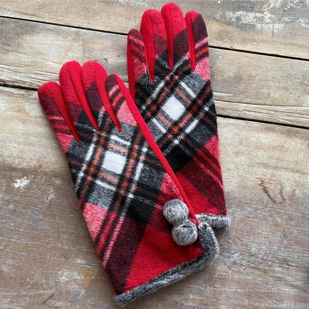 Red Plaid Gloves with Pom Pom - SALE -